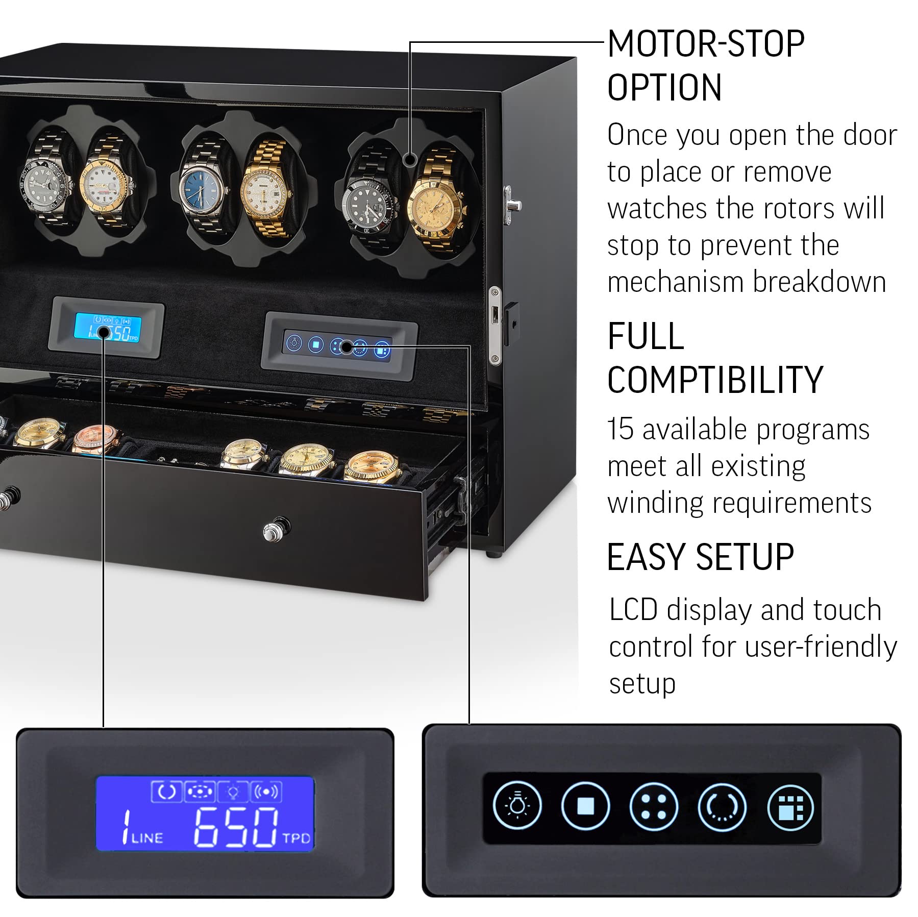 Automatic Watch Winder with 6 Storage Slots, LED Light and Automatic Motor-Stop Option