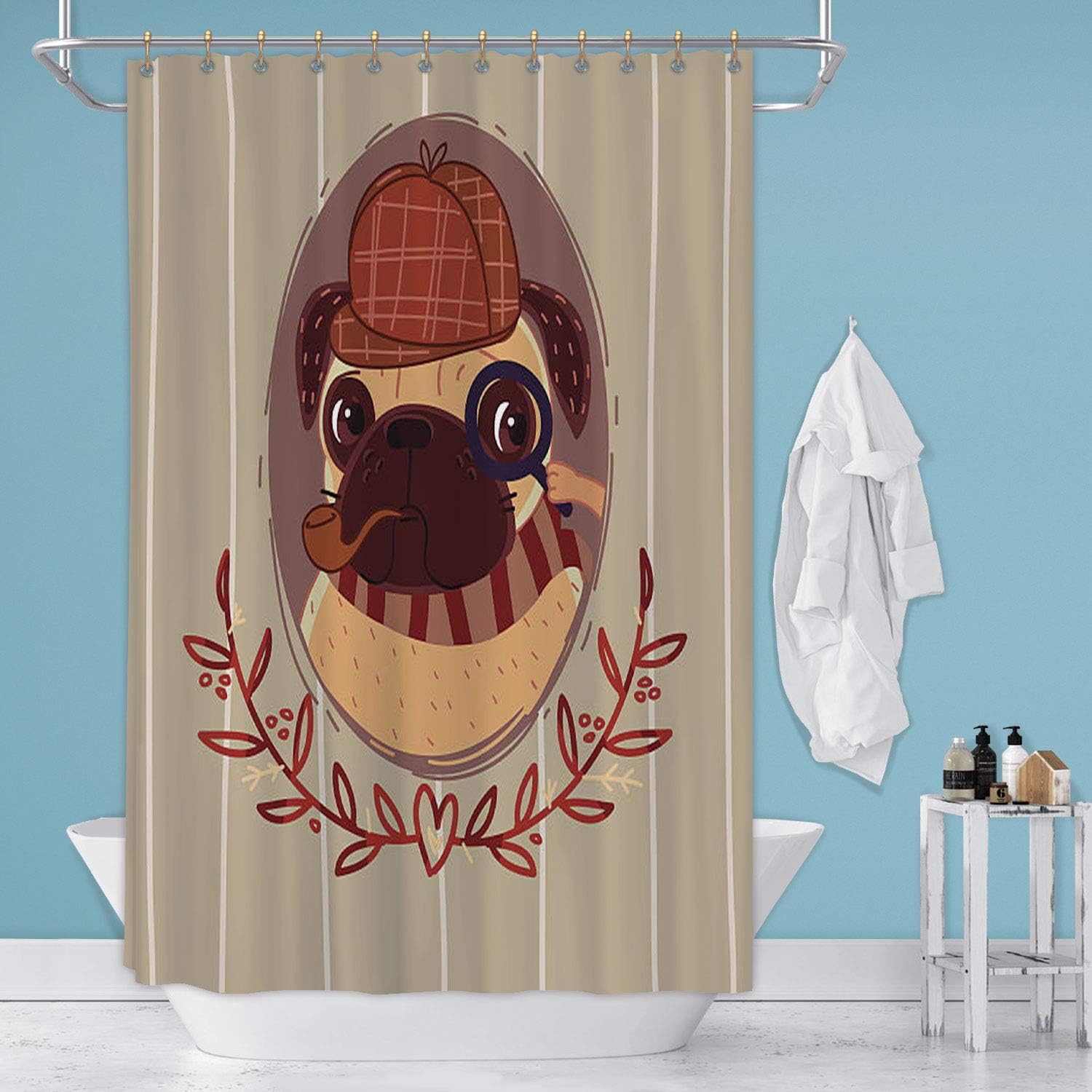 Hitecera Pug - Sherlock Holmes Stock Illustration Holmes,Shower Curtain Dog with Hooks 71 in by 59 in (WxH)