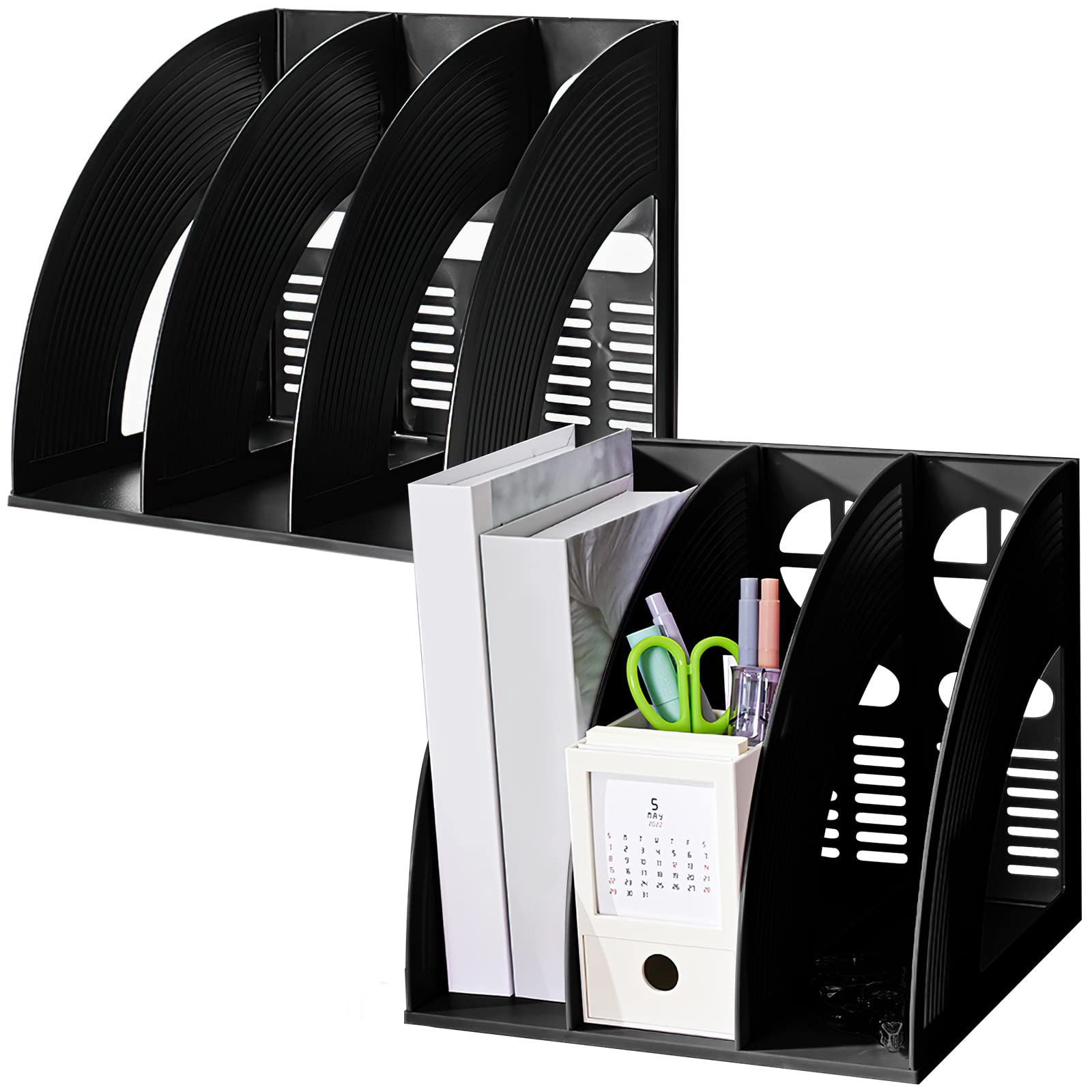 Elezeal A4 File Holder Magazine File Folder Desk Organizer, Compartments Bookshelf Document Divider Paper Box Bookends for Office Home Organization and Storage Racks (Black - 2 Pack, 3 Compartments)