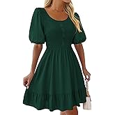 BTFBM Spring Empire Waist Dress for Women 2025 Summer Smocked Crewneck Puff Short Sleeve Beach Vacation Mini Dresses
