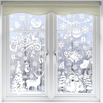 VEYLIN Xmas Window Clings 141 Static Snow Flakes 8 Sheets Merry Christmas
