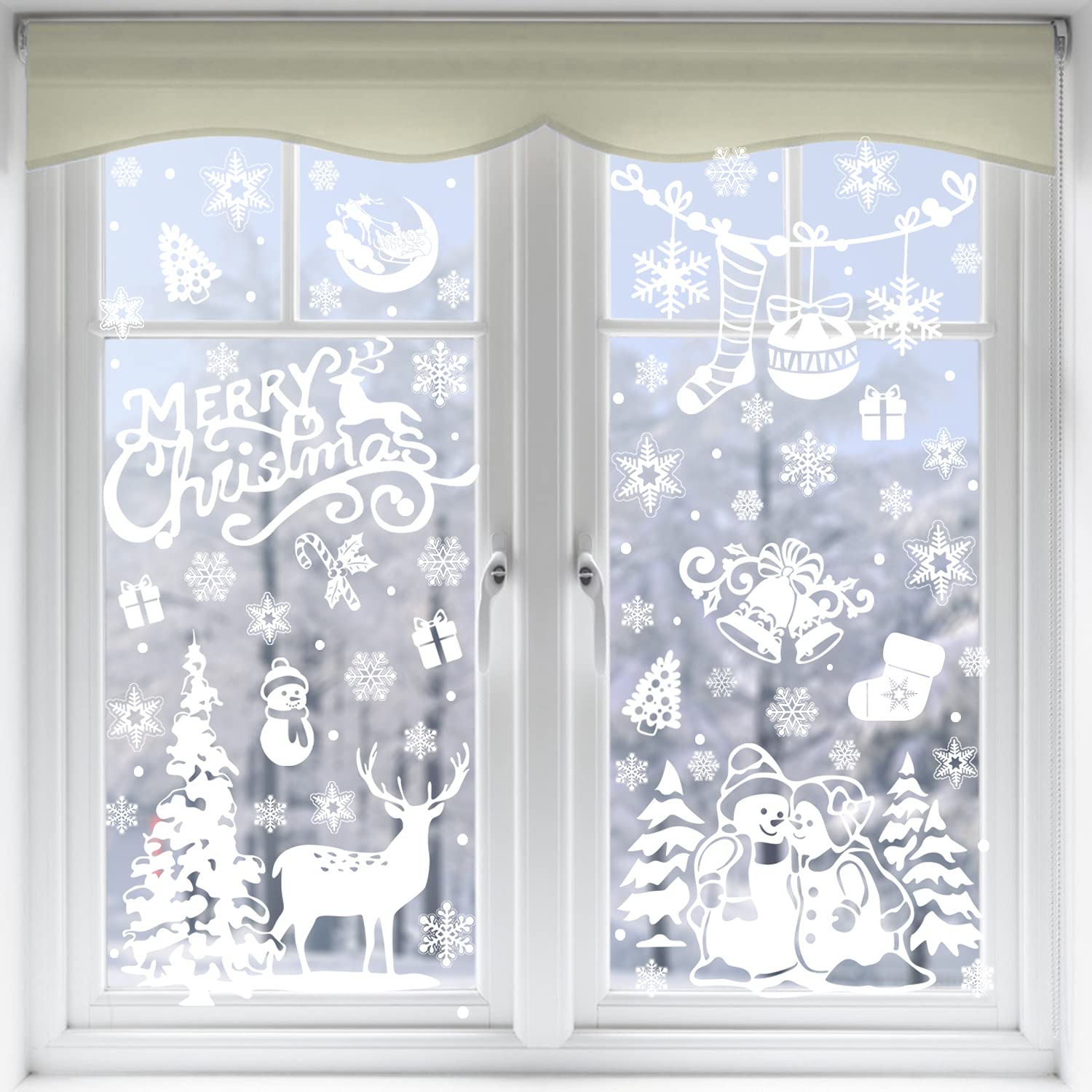 VEYLIN Xmas Window Clings Decoration, 141 Static Snow Flakes Stickers Merry Christmas Window Stickers Decals for Christmas Party Supplies (8 Sheets)