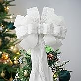 Christmas Tree Topper, 40x13 Inches Toppers Bow with Glitter Satin Mesh Streamer and Patterned Ribbon, Christmas Tree Topper Bow for Christmas Home Decoration (Pure White)