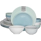 Sango Siterra Artist's Blend 16-Piece Stoneware Dinnerware Set for 4, Green, Cream & White Glossy Dishes with Speckles, Ceramic Plates and Bowls Sets for Everyday Dining, Microwave & Dishwasher Safe