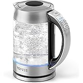 TOPZEE 1.7L Glass Electric Kettle for Coffee & Tea, Hot Water Boiler with 6 Preset Temperatures, Keep Warm and Memory Function, Auto Shut-off & Dry Boil Protection, BPA Free, Rapid Boil, 1500W, Silver