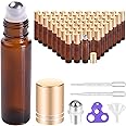PrettyCare Roller Bottles For Oils 10 ml (Amber Glass, 60 Pack, 10 Extra Stainless Steel Balls, 72 Labels, 4 Opener, 4 Funnels Essential Oil Roller Bottles, Roller on Bottles