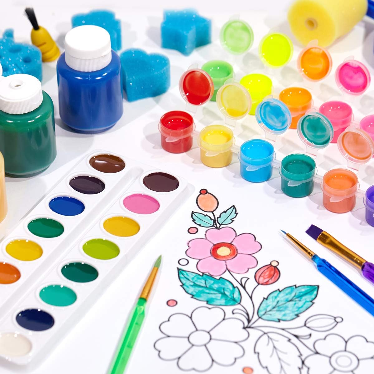 TBC The Best Crafts Washable Paint Set for Kids, 44PCS Paint Kids Kit, Tempera Paints, Semi-moist Watercolor, Finger Paints, Paint Brushes & Sponge Roller & Stamps, Perfect Early Learning Art Supplies Toddler Preschooler: Home Improvement
