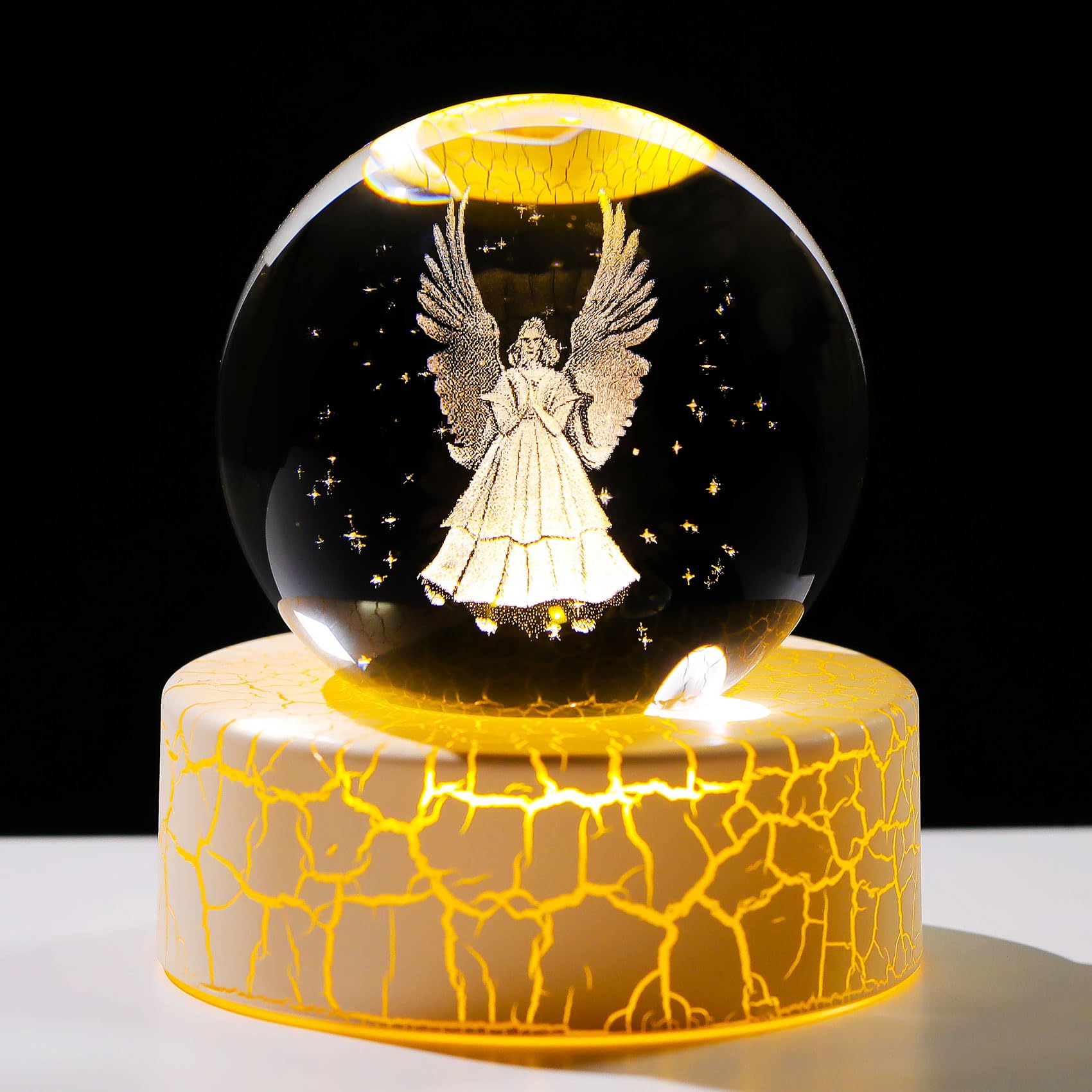 60mm 3D Crystal Ball Paperweight With Warm Light Stand, Guardian Angel Memorial Gifts for Women Men, Sympathy Collectible Centrepiece Ornament