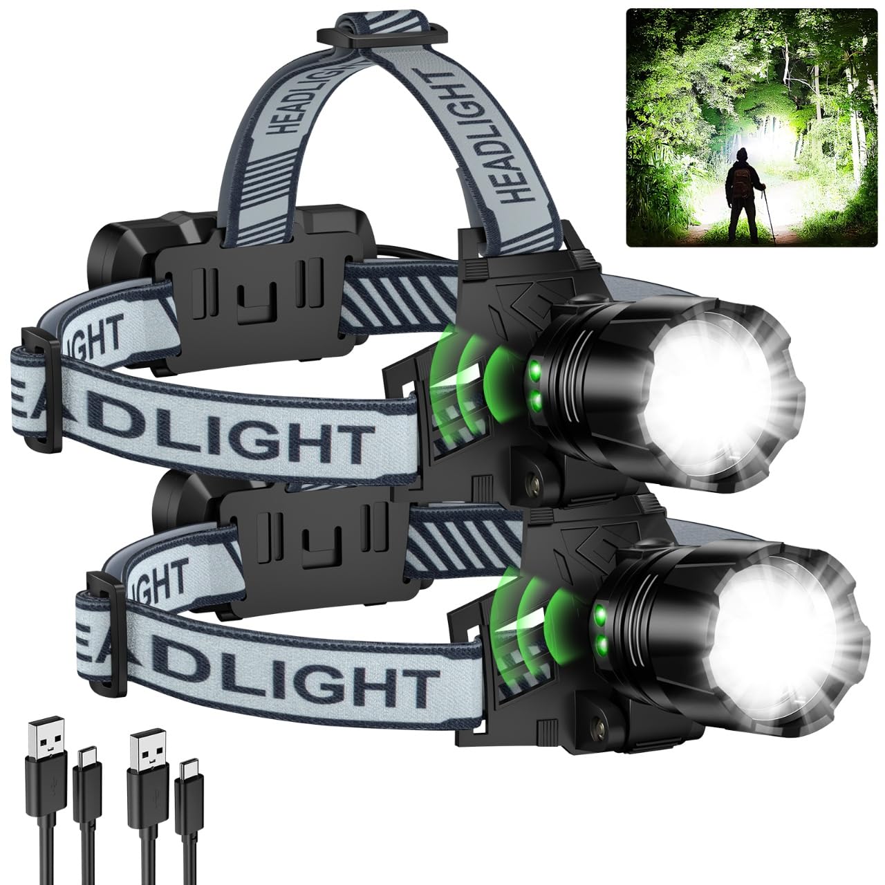 Photo 1 of 2Pack Headlamp Rechargeable, 99000 LM Super Bright LED Head Lamp with Motion Sensor & 3 Modes, 90° Adjustable Head Lights for Forehead, 20+Hrs Runtime & IPX6 Waterproof HeadLamps for Camping Running