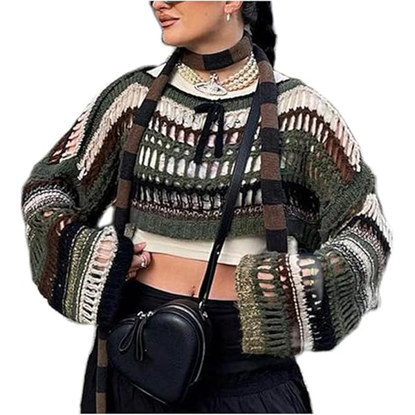 Women Y2k Knit Crochet Shrug Long Sleeve Hollow Out Drop Shoulder