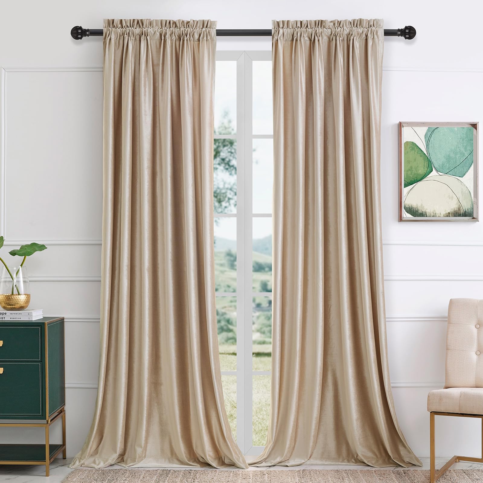 Photo 1 of PRIMROSE Champagne Beige Velvet Curtains 90 inches Long 2 Panels Luxury Blackout Curtains for Bedroom Living Room Darkening Thermal Insulated Modern Rod Pocket Window Drapes