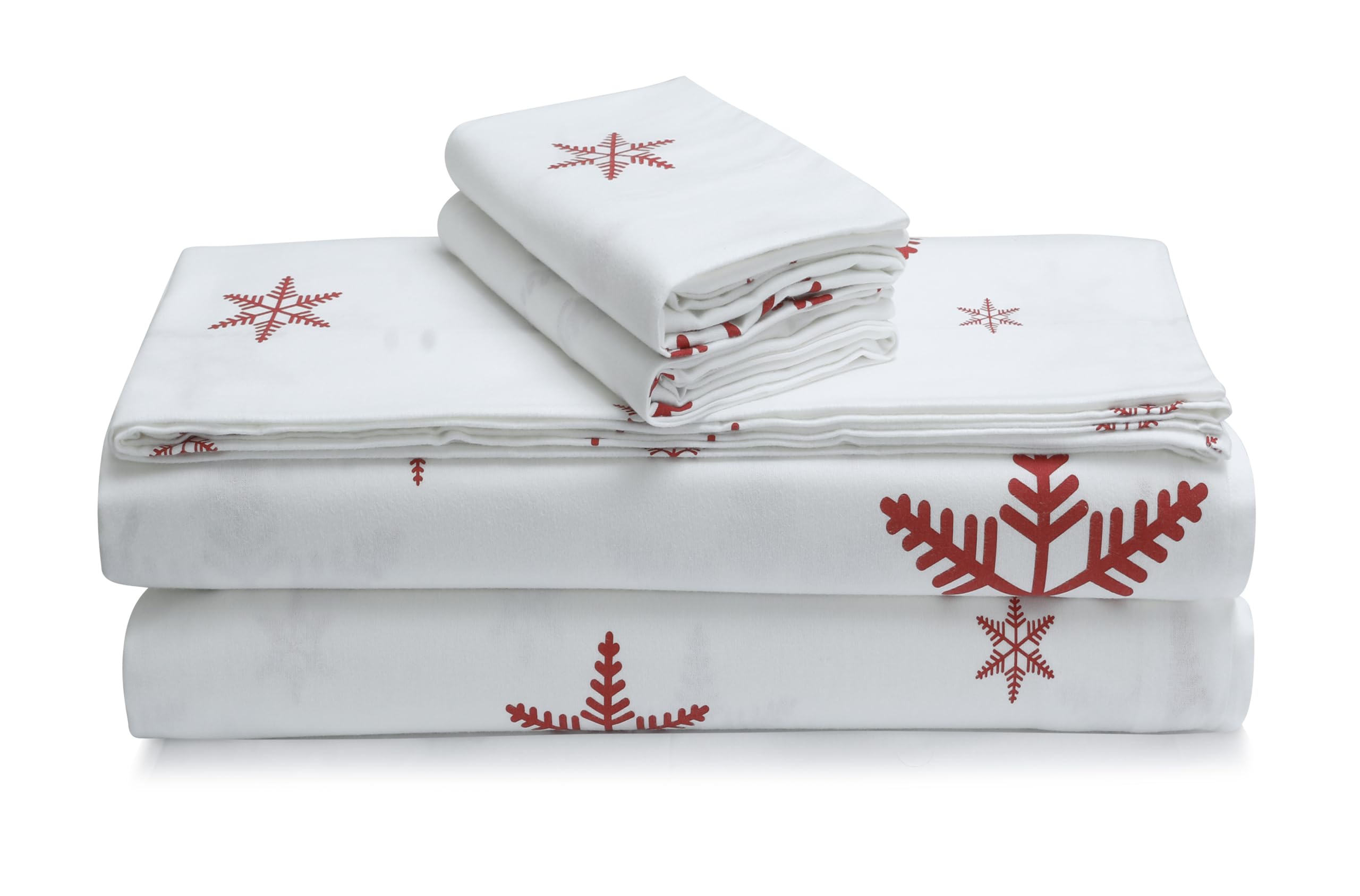 Tribeca Living 100% Cotton King Snowflakes Printed Flannel Bed Sheet Set, Ultra-Soft Portuguese Flannel Sheets, Extra Deep Pocket 4-Piece Bedding Set, 170-GSM Cozy Flannel, Bianca Snowflakes