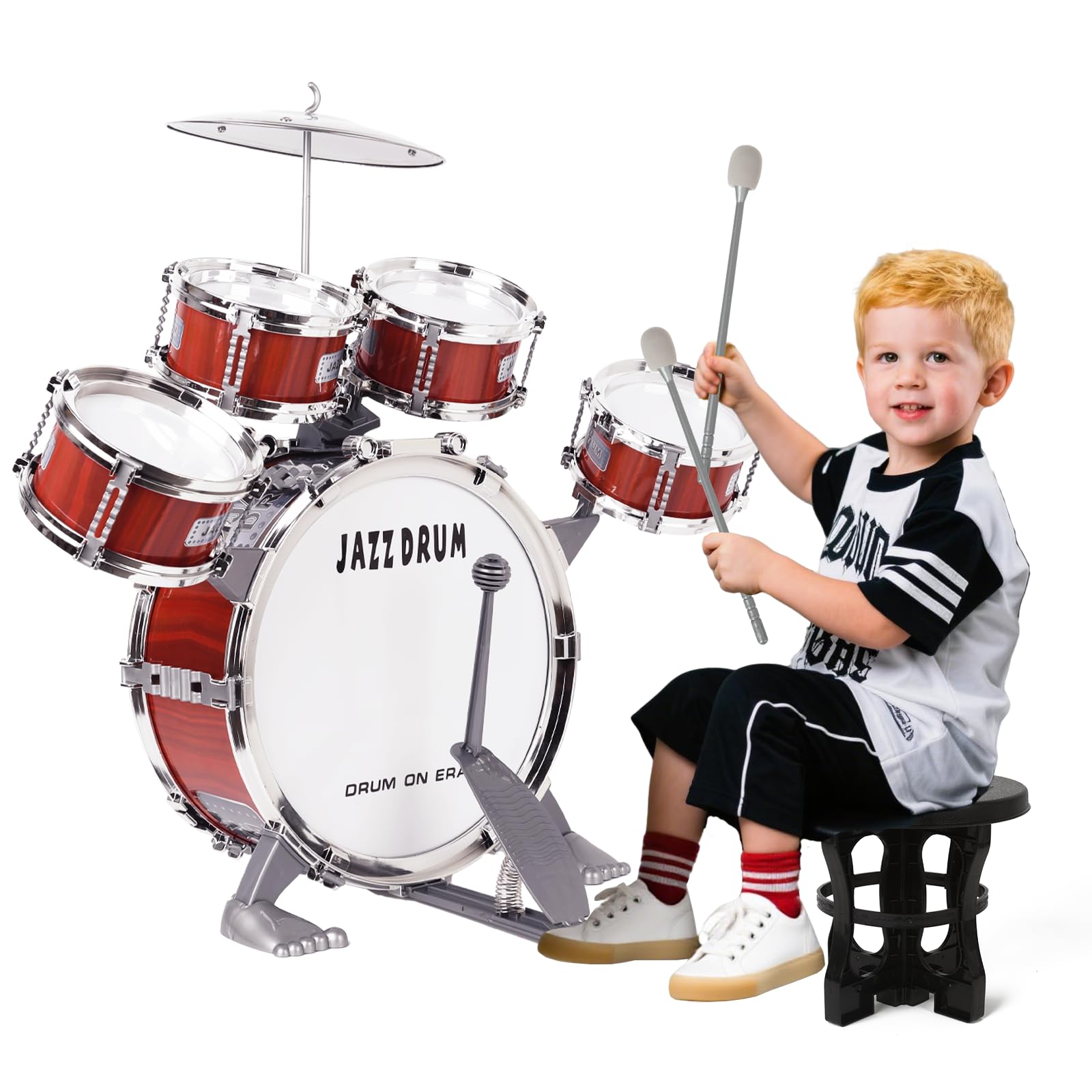 m zimoon Kids Drum Kit, Junior Jazz Drum Set Toddler Toy 5 Drums with Stool Pedal Cymbal and Drumsticks Beginners Musical Instrument Percussion Holiday Birthday Educational Gift for Boys Girls, Red β image 1