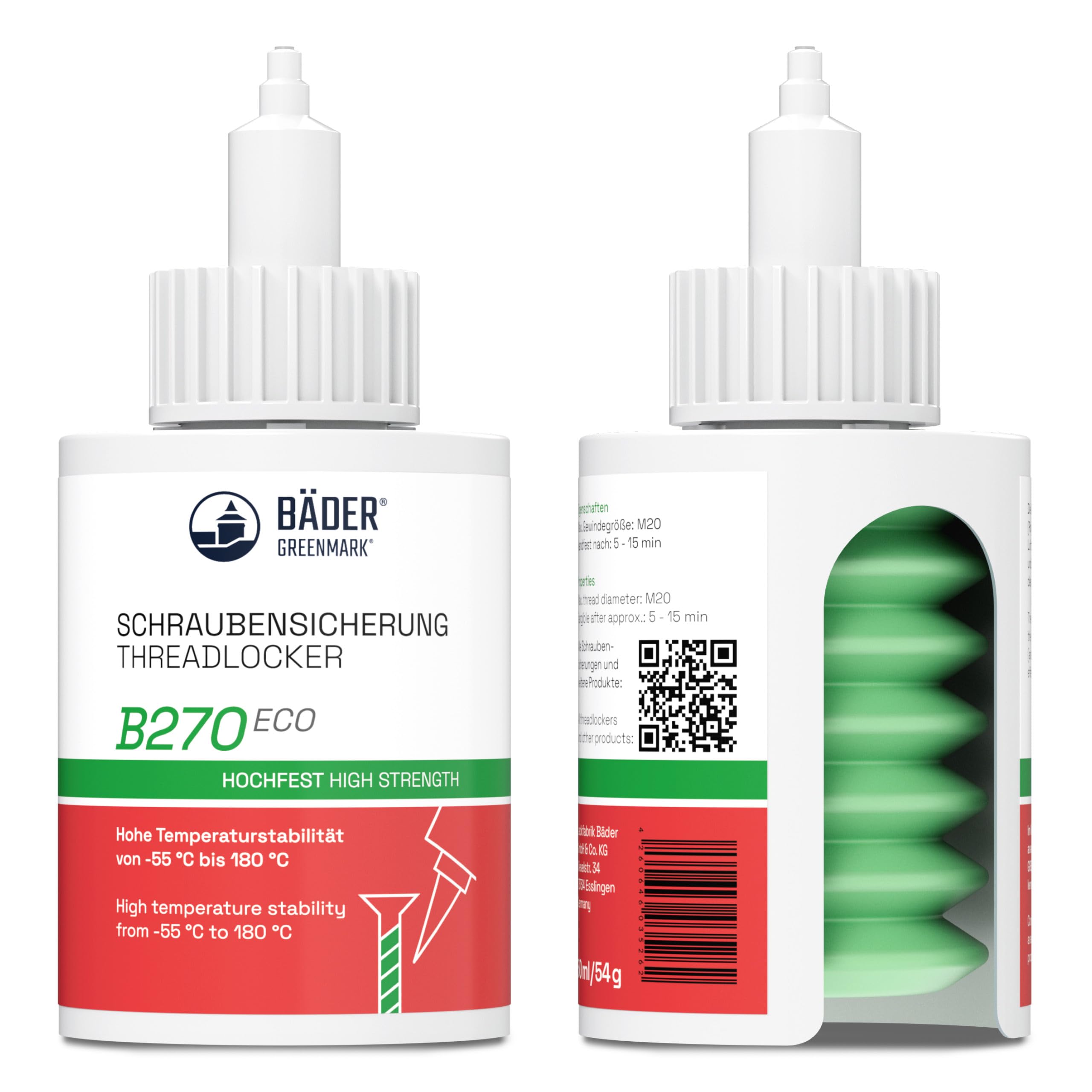 BÄDER Threadlocker B270Eco High Strength Green 50ml bottle - High Temperature Resistant, Fluorescent - Works on all Metals and Threads, for Large Threads - Made in Germany