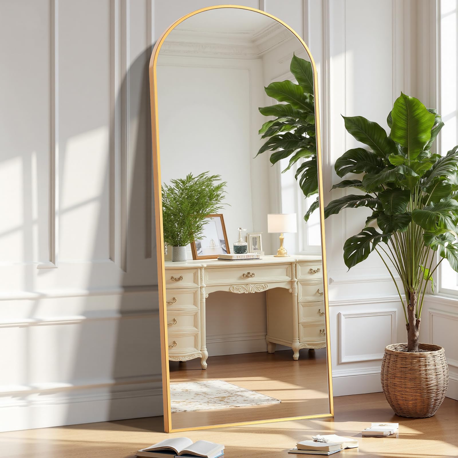OLIXIS Arched Full Length Mirror for Bedroom, 58"x19" Full Body Mirror with Stand, Hanging or Leaning for Wall, Aluminum Alloy Thin Frame Floor Standing for Living Room, Long, Gold Image
