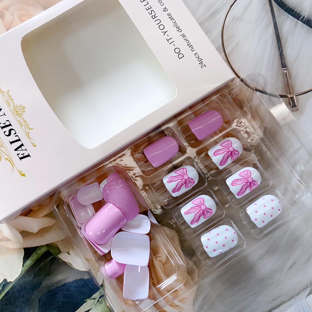 Pink Press on Nails Short Square Cute Fake Nails Valentine’s Day Press on Nails with Bow-Knot Designs Pink Acrylic Nails Full Cover Valentines Nails Glue on False Nails with Designs for Women 24PCS - Image 5