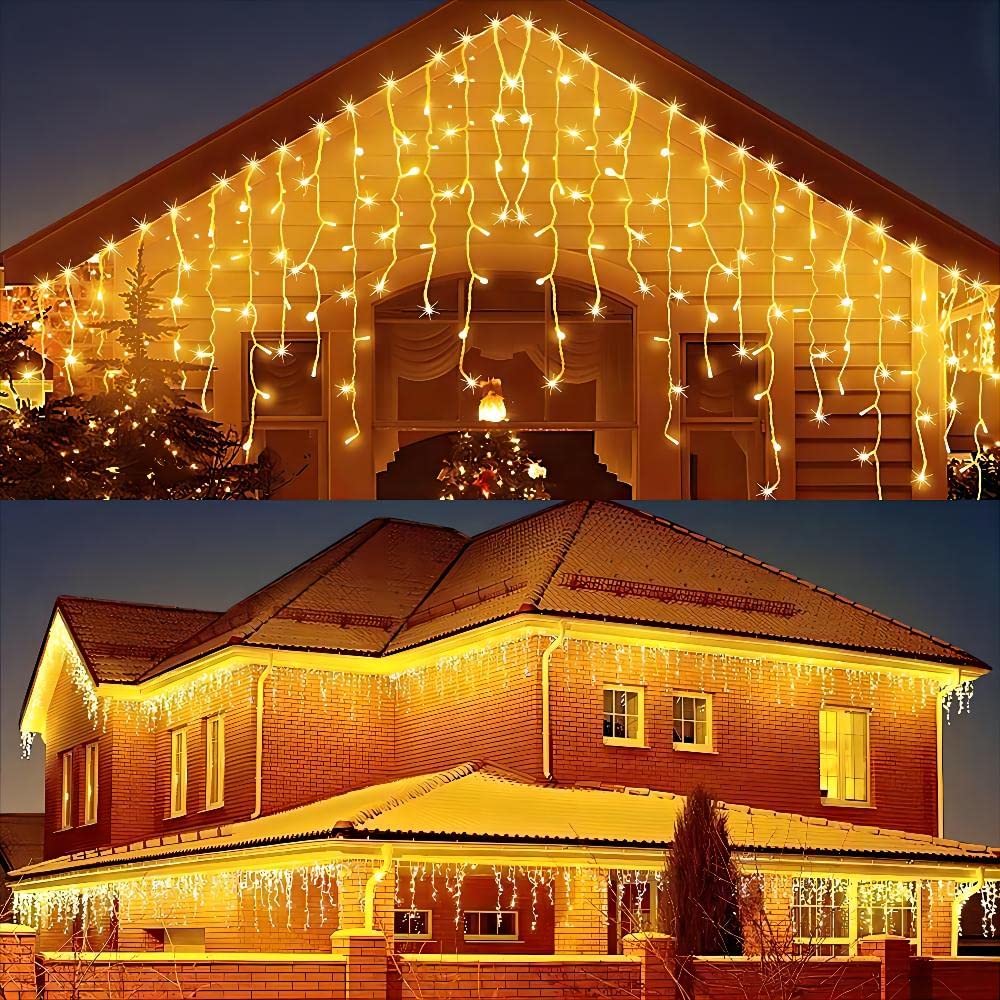 JnDee Safe Voltage Fully Weatherproof Icicle Christmas Fairy Lights Warm White 300 LED 6M Wide 60 Drops Plus a Massive 10M Lead Cable, 8 Modes, Low Safe Voltage