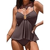 Aleumdr Women's Tankini Bathing Suits Bandeau 2 Piece Swimsuits Shell Swim Tank Top with High Waisted Bottom