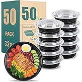 Meal mates 32oz Disposable meal prep containers with lids, 50 Pack (100-Piece) Black Round,Reusable take out food containers,