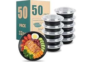 Meal mates 32oz Disposable meal prep containers with lids, 50 Pack (100-Piece) Black Round,Reusable take out food containers,BPA-Free,Stackable Bento Box,Lunch containers microwave Dishwasher safe