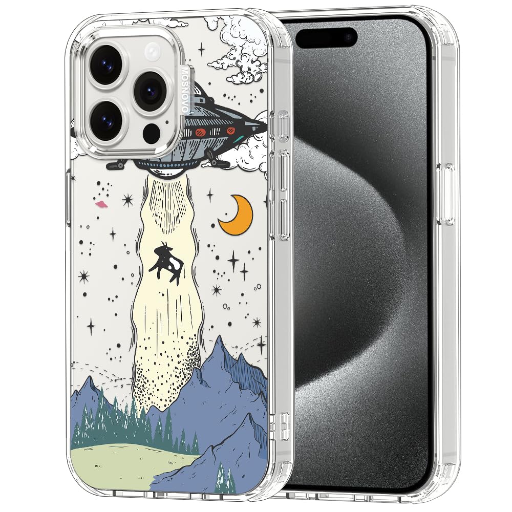 MOSNOVO Case for iPhone 15 Pro Max, [Buffertech 6.6ft Military-Grade Drop Protection] [Anti Peel Off Tech] Clear TPU Bumper Phone Case Cover Design - UFO