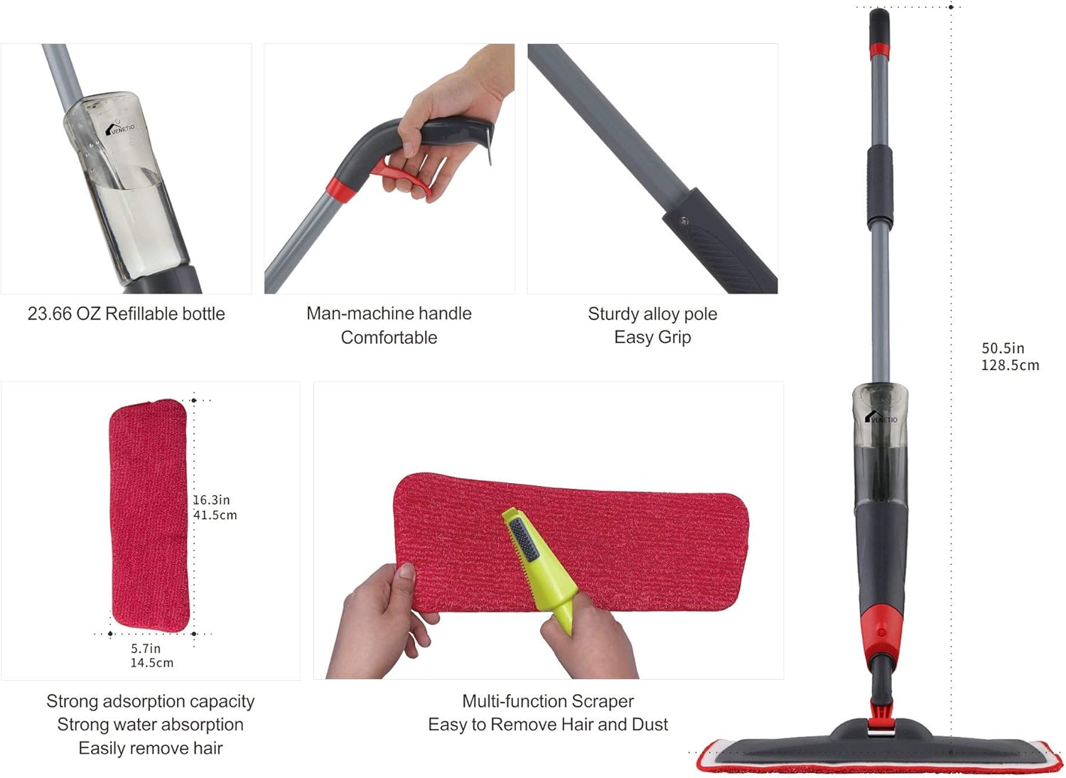 VENETIO Premium Spray Mop Floors Cleaning with 2 Reusable Microfiber Pad 360 Degree Rotation Joint for Home Kitchen Hardwood Laminate Wood Ceramic Tiles Floor Cleaning (700ml): Home & Kitchen
