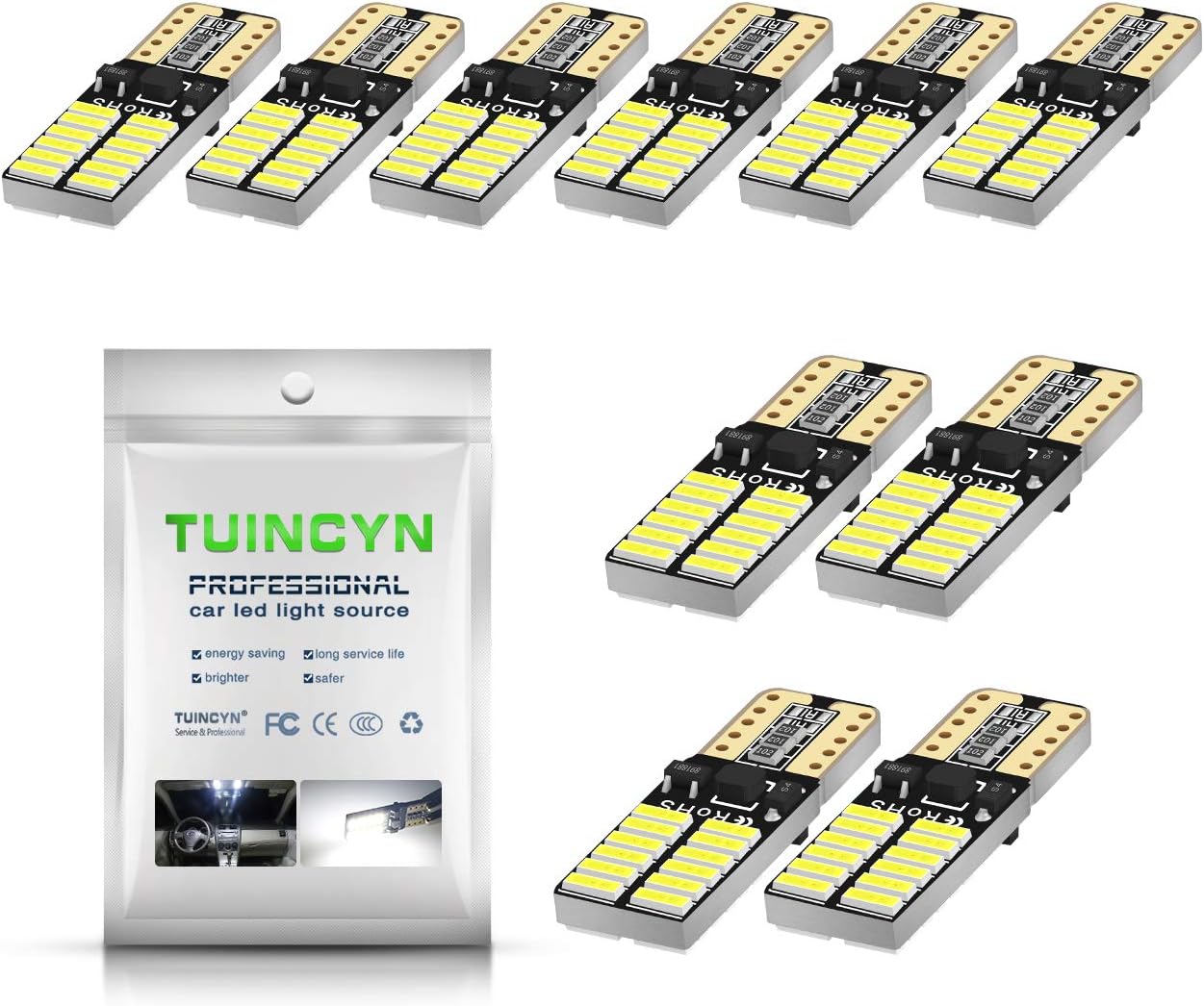 TUINCYN 194 168 T10 192 2825 W5W LED Bulb White 800 Lumens Wedge LED Light Car Interior Dome Light Dashboard Light License Plate Light Side Marker Light Backup Light 12V~24V 5W (Pack of 10)