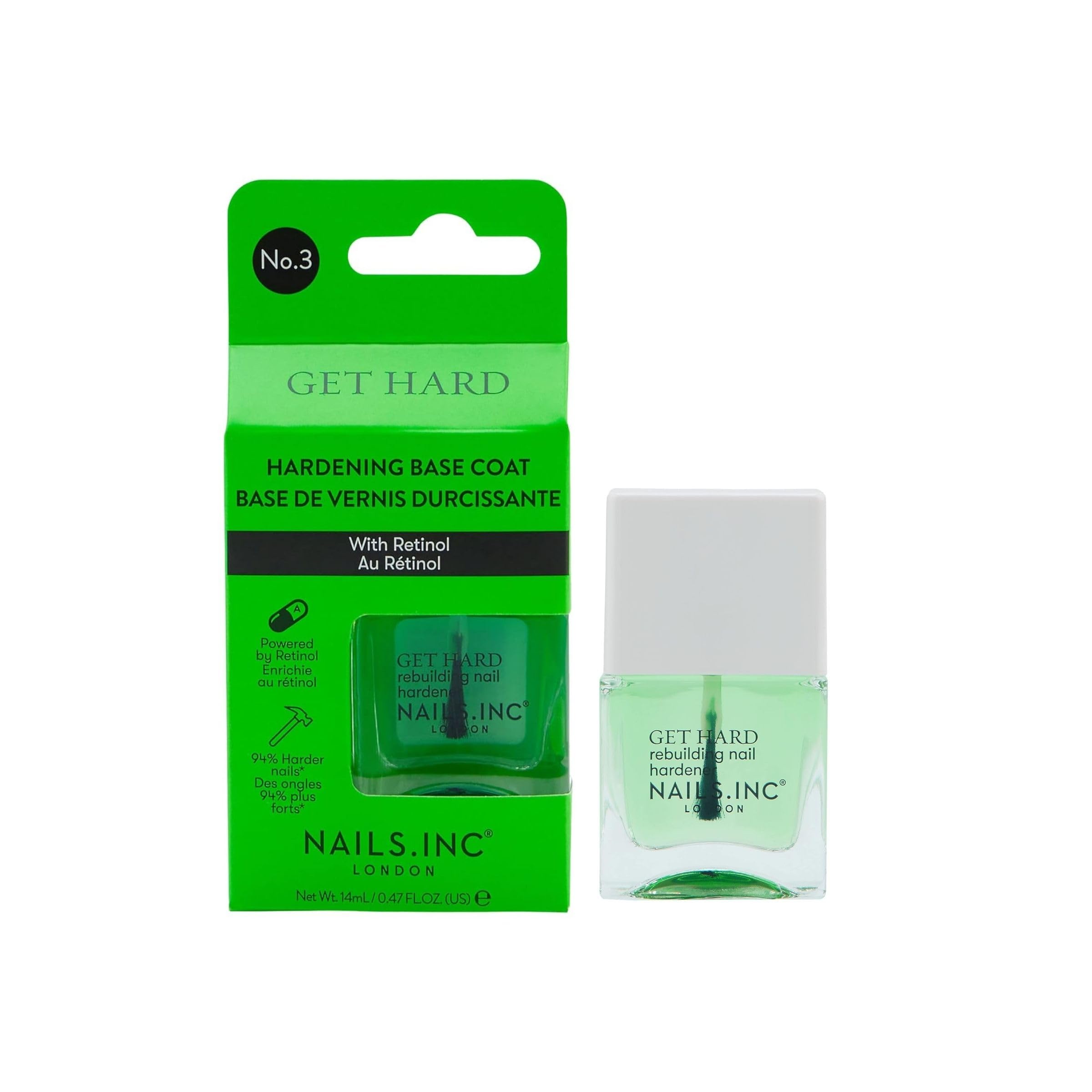 Nails.Inc Get Hard Base Coat, Hardening Base Coat Infused with Retinol, Protects and Smooths Nails, Chip Resistant, Cruelty Free, Vegan 14ml