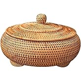 Wicker Storage Basket With Lid,Round Rattan Box with Lid, 8.7x4 Inch Rattan Basket, Hand-Woven Round Woven Basket, Desktop De