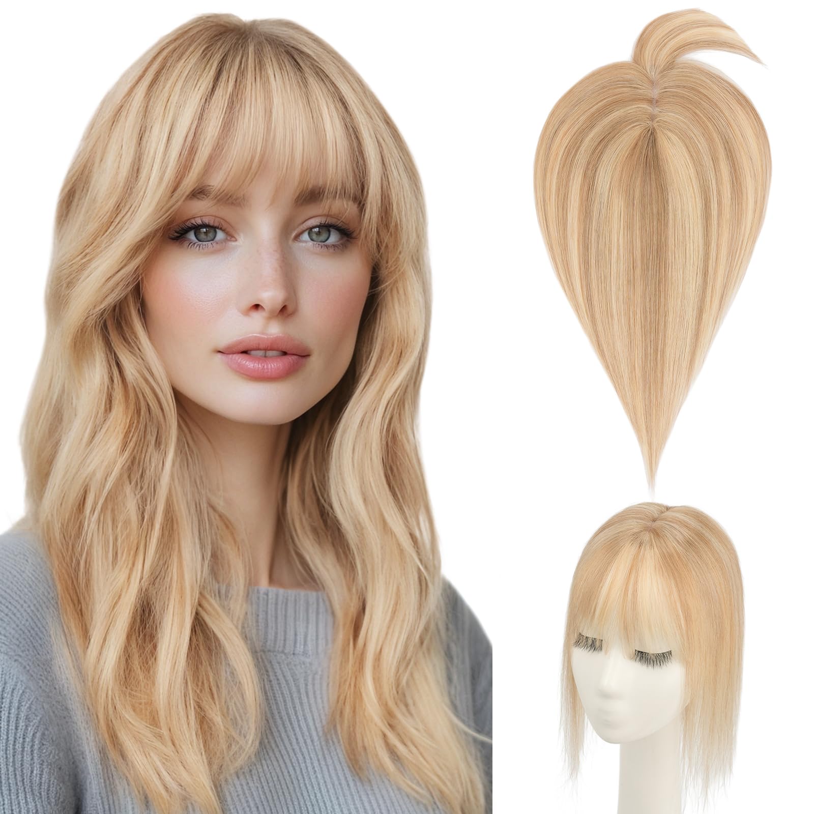 Photo 1 of Hairro Human Hair Topper with Wispy Bangs, Clips on 360° 3D Cover Real Hairpieces Lightweight, 2.25"x6" Base for Women with High Hairline/Thinning Hair, 14 Inch Golden Brown Mix Bleach Blonde Bangs