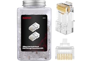 XUNTOP 100-Pack RJ45 Connectors for Cat6 Cat5 Cat5e Gold-Plated RJ45 Pass Through Connector Cat6 Connector for Solid/Stranded