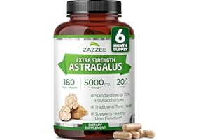 Zazzee Extra Strength Astragalus Root 20:1 Extract, 5000 mg Strength, 70% Polysaccharides, 180 Vegan Capsules, 6 Month Supply, 100% Vegetarian, Standardized and Concentrated 20X Extract, Non-GMO