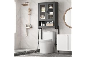 FIVEWILLOWISE Over The Toilet Storage Cabinet with Tempered Glass Doors & Adjustable Shelf, Bathroom Organizer with Metal Stand Space Saver Over Toilet , Tall Freestanding Shelf/Rack for Bathroom, Black