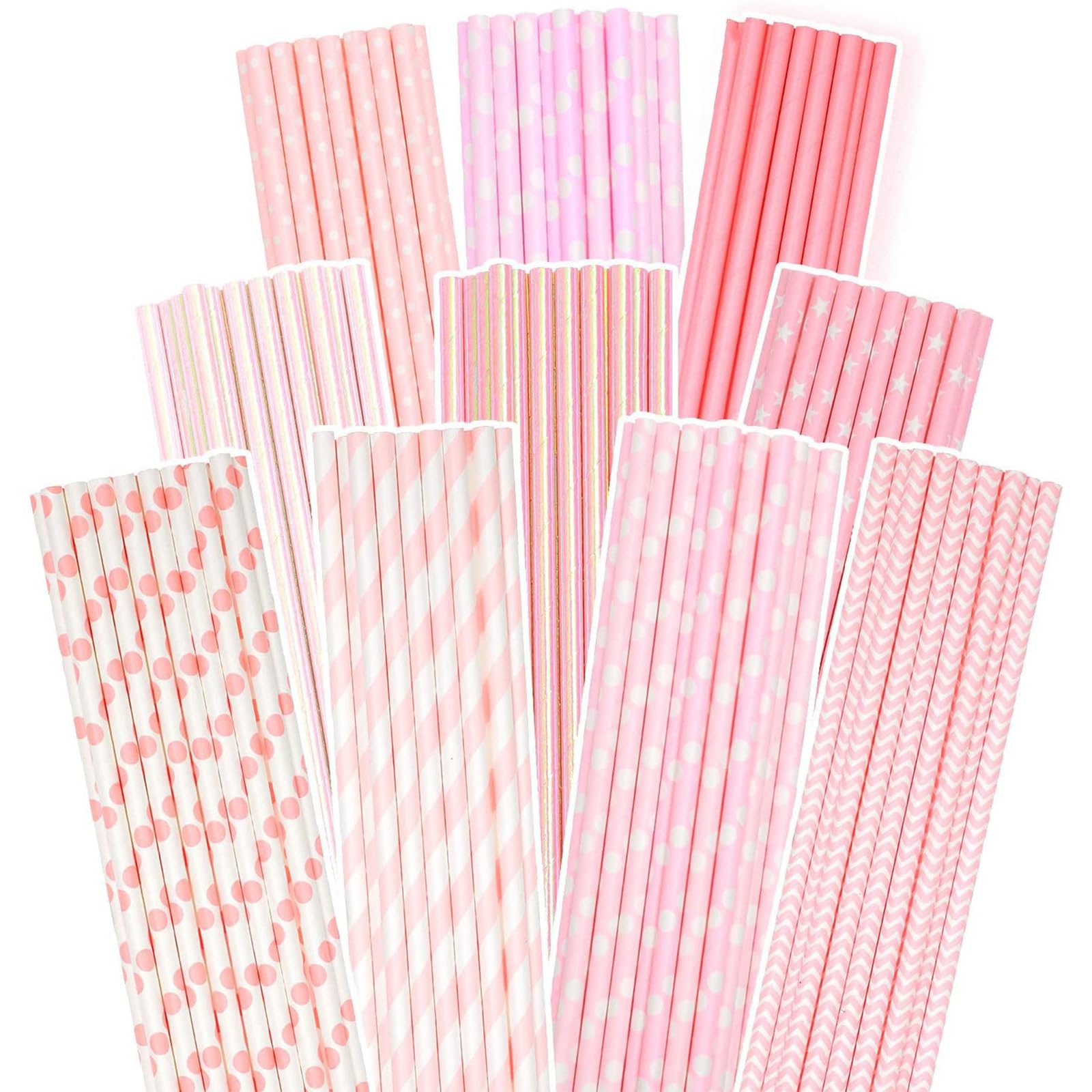 Gcardist Pink Paper Straws for Drinking Pink Disposable Straws 100pcs Bulk（10 Pattern）