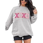 LETSEE Womens Valentine Crewneck Sweatshirt Letter Chenille Patch Long Sleeve Pullover Tops Oversized Clothes