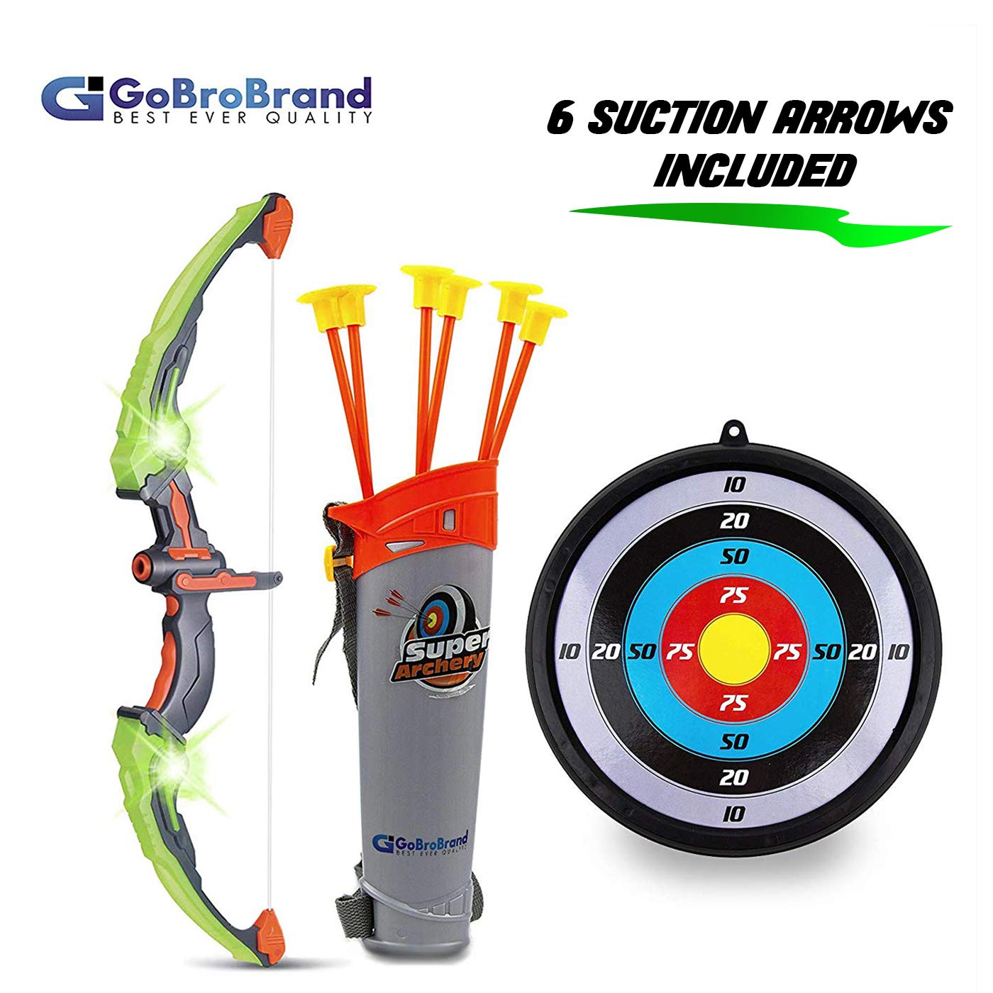 GoBroBrand Bow Arrow Set Kids -Green Light Up Archery Toy Set -Includes 6 Suction Cup Arrows, Target & Quiver Boys & Girls Ages 3 -12 Years Old