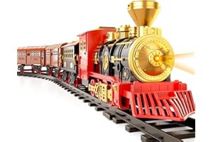 TEMI Train Set for Kids Toddlers 3-5, Train with Steam Engine, Cargo Car and Long Track, Rechargeable Battery Play Red Train Toys with Smoke, Light & Sounds, Gift for Boys & Girls 4-7 Years