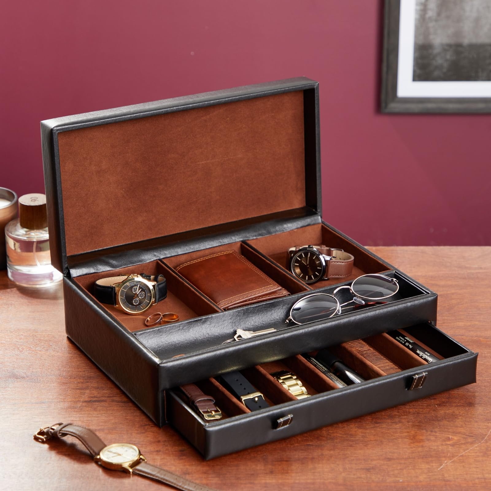 Juvale Mens Jewelry Box Organizer and Holder - Black Watch Box with Leather Valet Tray for Home Improvement - 12.6 x 9 x 4 In - Mens Jewelry Organizer