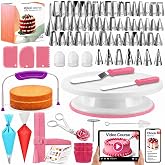 RFAQK 200PCs Cake Decorating Kit with Video Course for Beginners &amp; Pros | Upgraded Cake Leveler, Cake Stand Turntable, Numbered Piping Tips with Piping Bags, Icing Spatulas &amp; More Baking Supplies