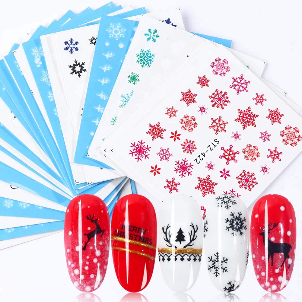 30 Sheets Christmas Nail Stickers Snowflake Nail Decals Water Transfer Nail Decals Xmas White Snowflakes Snowman Deer Nail Design Christmas Party Supply Fingernails Toenails Decorations
