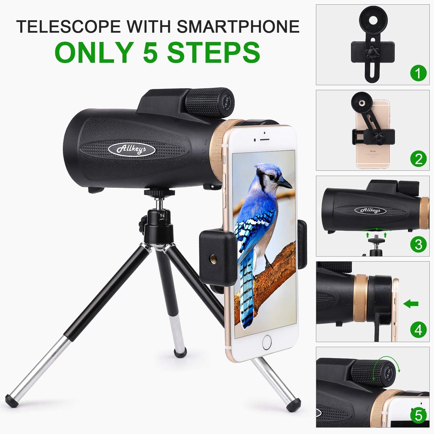Allkeys 16x55 High Definition Monocular Telescope and Quick Smartphone Holder, 2020 Newest Waterproof Monocular, Day & Low Night Vision, BAK4 Prism for Wildlife Bird Watching Hunting : Camera & Photo