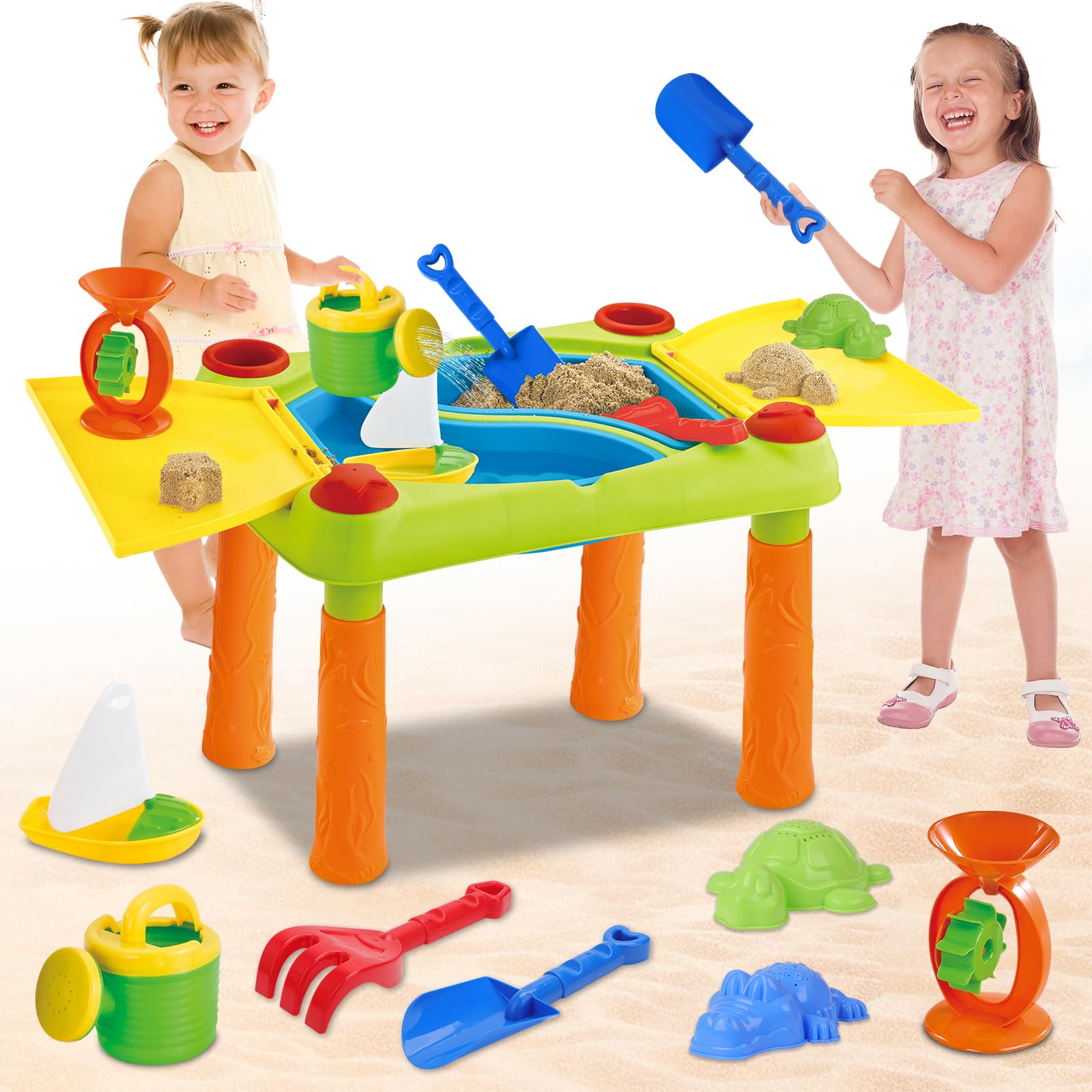 deAO Sand and Water Outdoor Activities Play Table for Kids with Double Compartment, Lids and Over 10 Accessories