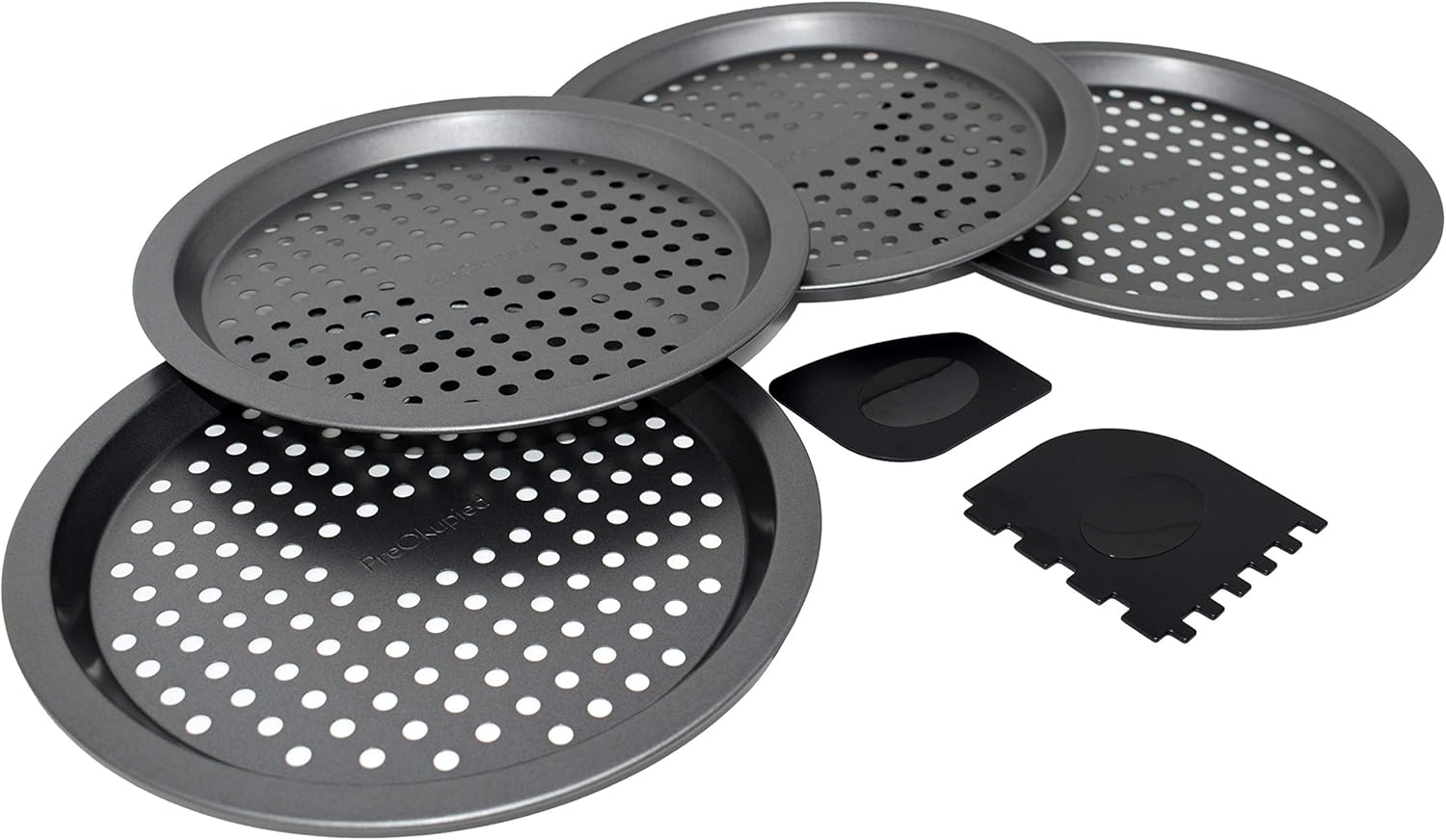 PreOkupied 4-Pack of 8.5 Inch Personal Perforated Pizza Pans, Dark Gray Carbon Steel with Nonstick Coating, Including 2 Black Pan Scrapers
