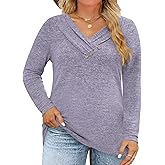 VISLILY Womens-Plus-Size-Tops Trendy V Neck Casual Long Sleeve T Shirts Dressy Button Decor Cute Loose Blouses Tunics XL-5XL