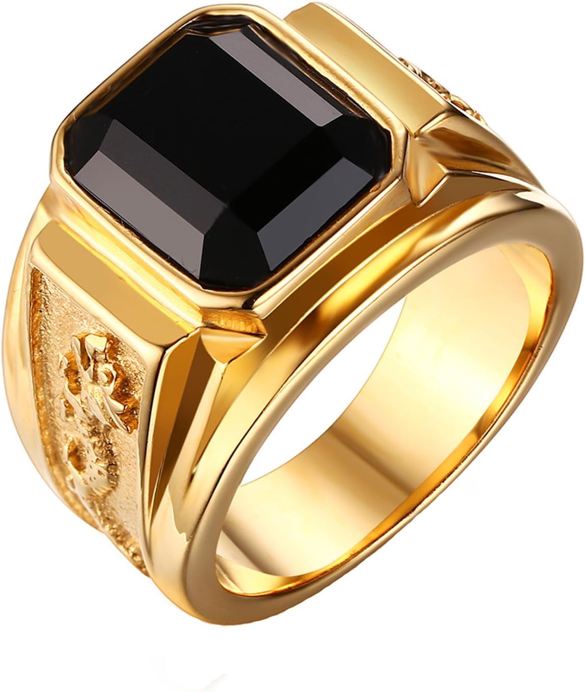 XIMAKA Men's Jewelry 316l Stainless Steel Inlaid Big Black Onyx Dragon Golden Ring