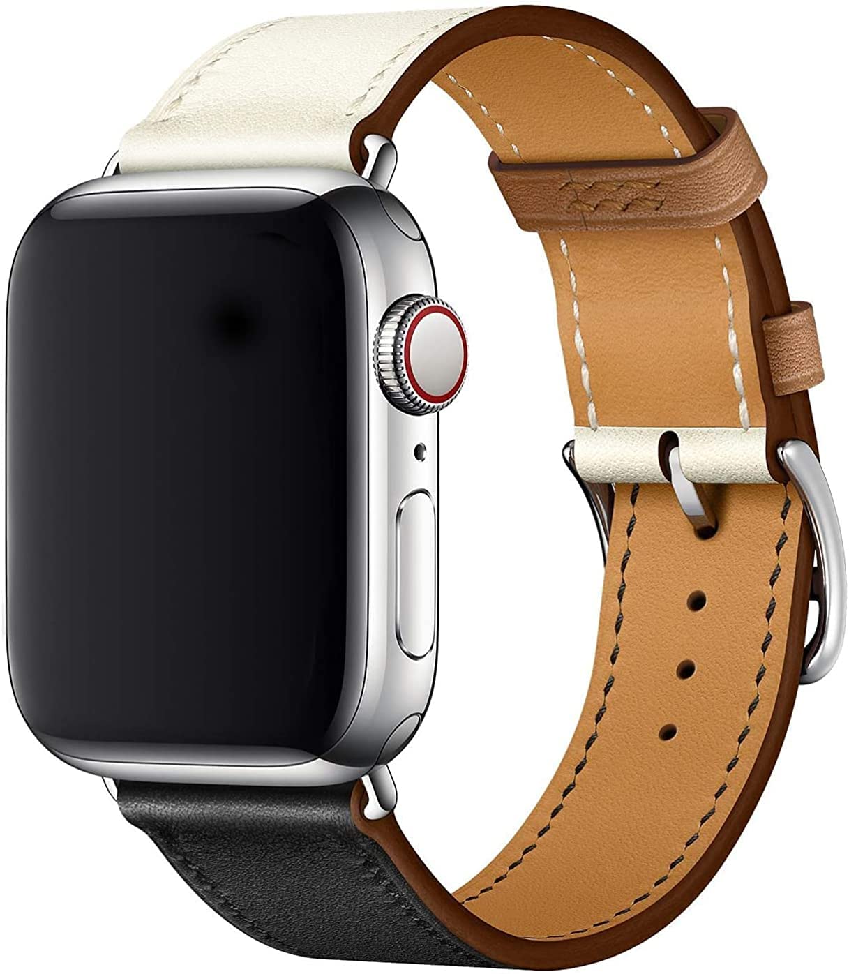 Fleshy Leaf Compatible Apple Watch Band Series SE 7 6 5 4 3 2 1 45mm 41mm 44mm 40mm 42mm 38mm, Genuine Leather Replacement Band for iWatch, Leather Apple Watch Strap(38mm/40mm/41mm, Black brown white)
