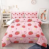 Nttopship Cute Strawberry Comforter Sets, Queen Size Kids Bedding Sets with Cute Strawberries and Flowers Pattern, All Season Comforter and 2 Pillowcases