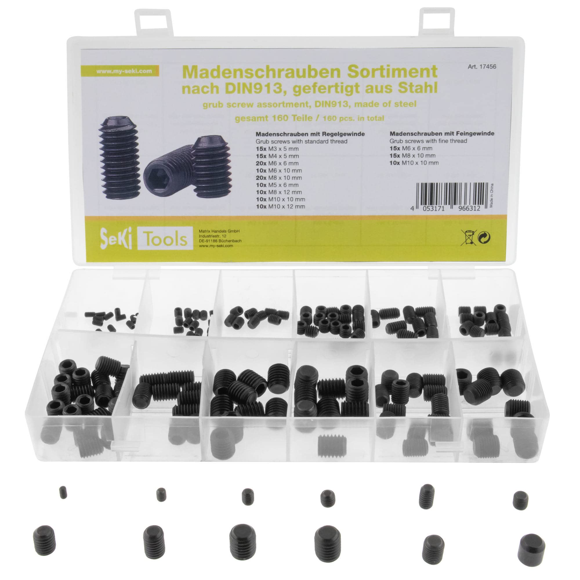 SeKi 17456 Grub Screws Assortment 160 Pieces 12 Different Dimensions M3 M4 M5 M6 M8 M10 Threaded Screws Metric Inch Sizes Hexagonal Head Allen Screw