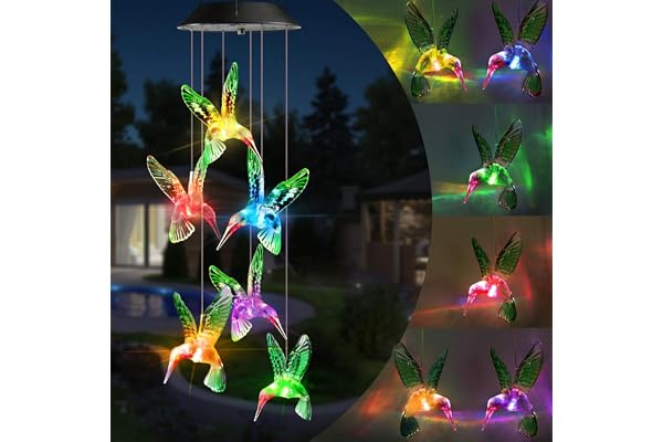 Toodour Solar Wind Chimes, Color Changing Solar Hummingbird Wind Chimes, LED Decorative Mobile, Waterproof Solar Lights Outdo