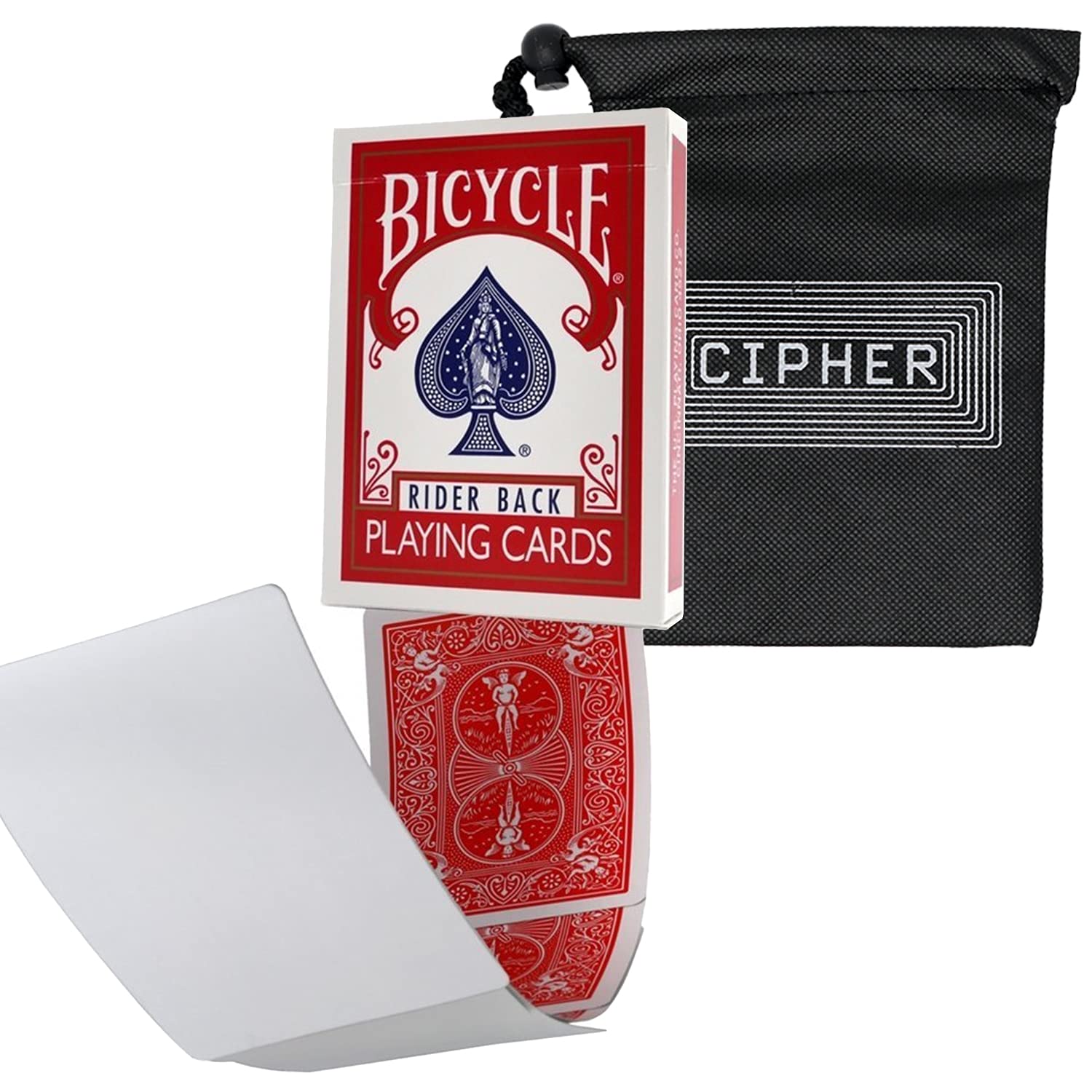 Blank Face Bicycle Cards - Gaff Rider Back Bicycle Deck - Includes Cipher Card Bag (Red)